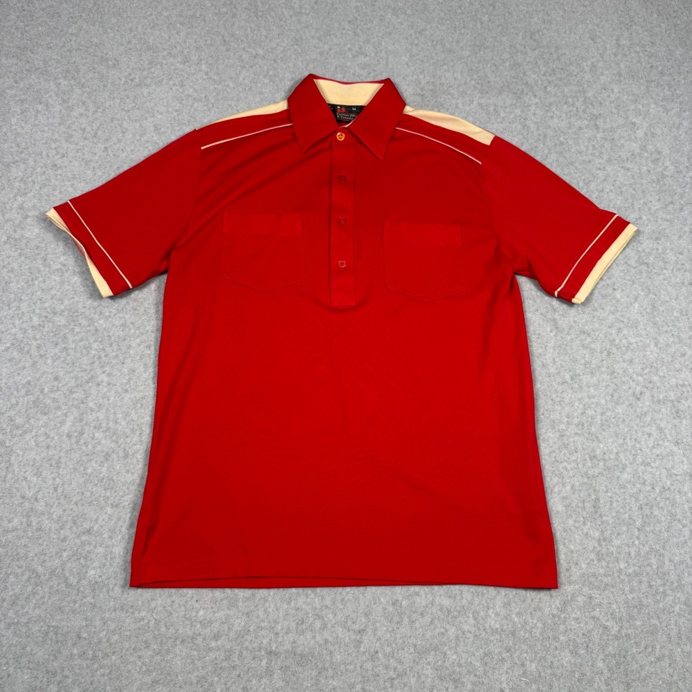 Vintage 70s Robert Bruce Red Cream Two Tone Dagger Collar Polo Shirt Mens Medium